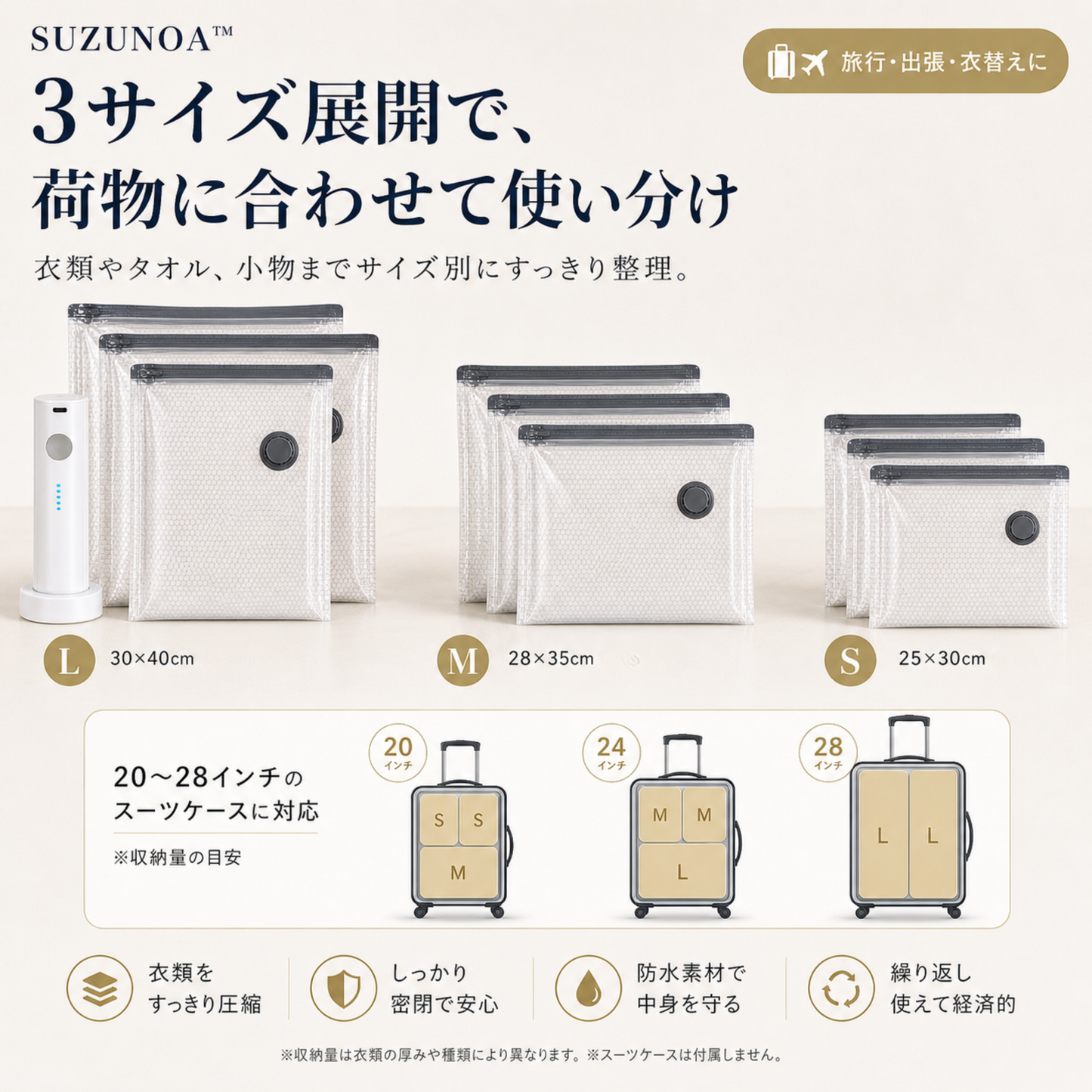 SUZUNOA™ 旅行用真空圧縮バッグセット