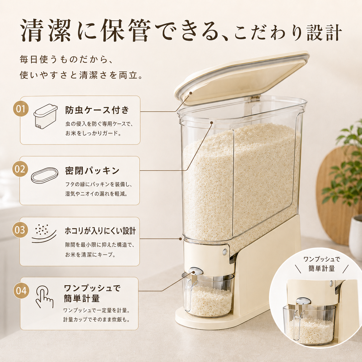 SUZUNOA™ 防湿・防虫ワンプッシュ米びつ